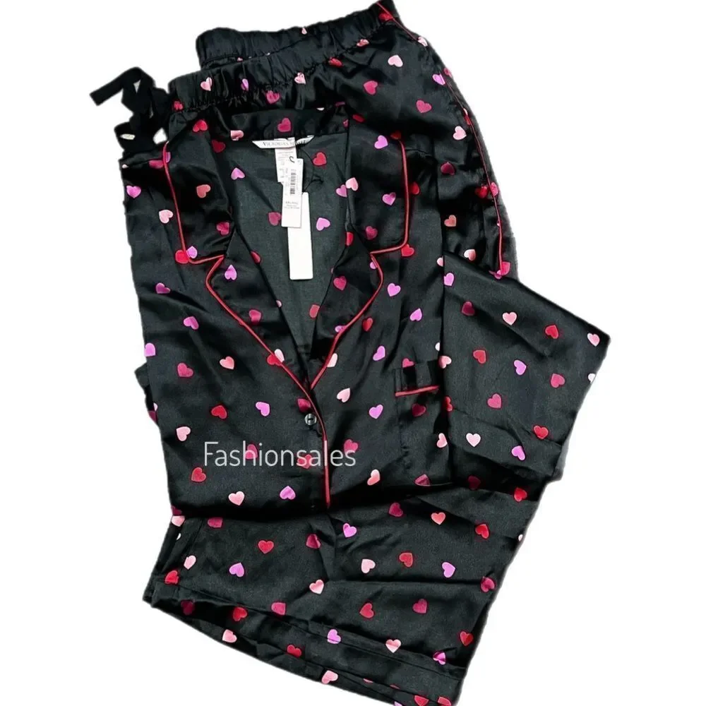 Victorias Secret Hearts SATIN button down top & bottoms pant pajama Set XXL